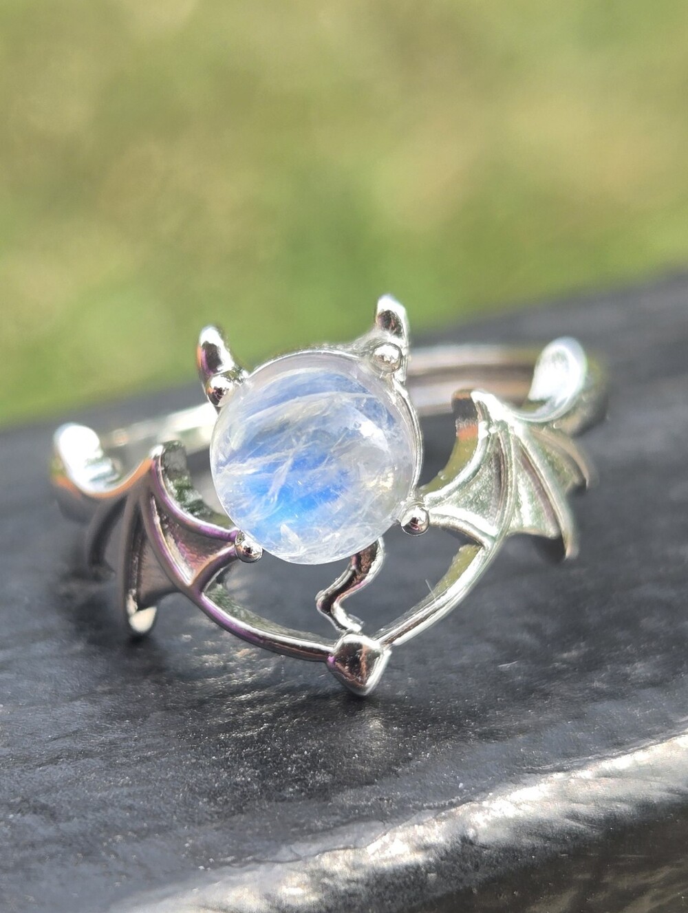 Spooky Moonstone Bat Silver Ring Adjustable
